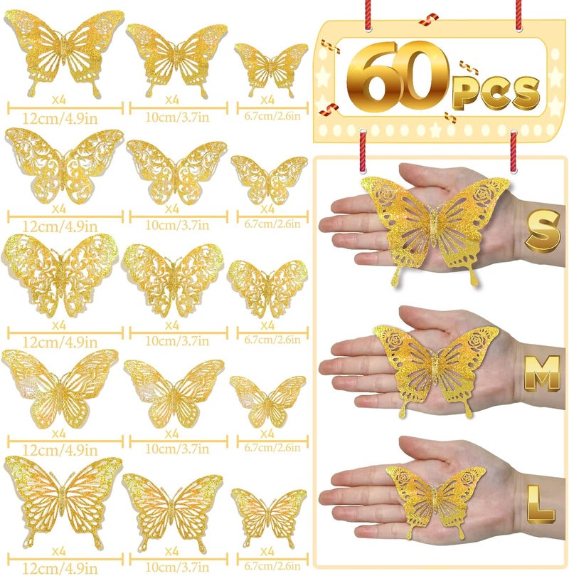DELEMI 60 Pcs 3D Iridescent Gold Butterfly Decorations,Sequined Gold Room Decor with Set 5 Style Decorative Paper Butterfly for Party Birthday Shower Decorations Wedding Decor DIY Gift((Sequined Gold) - Image 5